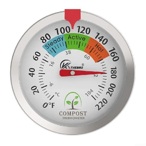 Termometro per terriccio, in acciaio inox, indicatore di temperatura del suolo da giardino, per cumuli di compost esterni e serre, senza batterie, con sonda lunga (40 cm)