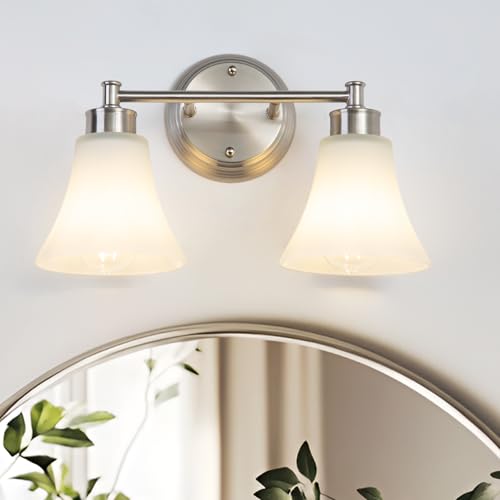 Image of LOUSACE 2 Light Bathroom Vanity Light Brushed Nickel Bathroom Lighting Fixtures Over Mirror with Opal White Frosted Glass, Vintage Traditional Wall Lighting Fixture Satin Nickel Vanity Lights