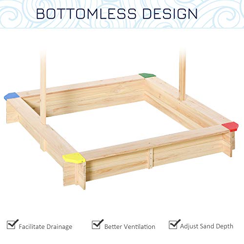Outsunny Wooden Sandbox w/Adjustable Canopy, Children Outdoor Playset Weather Resistant 47\" L x 47\" W x 47\" H, Natural & Blue - Thumbnail 6