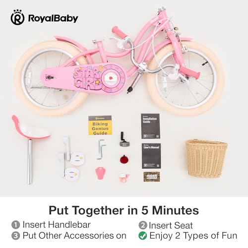 RoyalBaby Girls Bike, Stargirl EZ Kids Bike Balance and Pedal Bicycle with Basket and Dual Handbrake, 16 Inch Toddlers to Big Kids 4-7 Years, Candy Pink by RoyalBaby - Image 5