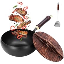 Handmade Hammered Large Belly Pot, 9.4/10.2/11 Inch Cast Iron Pan, Hand-Forged Non-stick Iron Pan Without Coating for Gas Stove Induction Cooker Glossy surface + wooden cover, 9inch