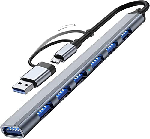 USB Hub 3.0 7 Ports 2 in 1 Aluminium USB 3.0 +6 USB 2.0 Hub USB Splitter USB Extender for Laptop, PC, MacBook, Mac Pro, Mac mini, iMac, Surface Pro (Gray-7 in 1)