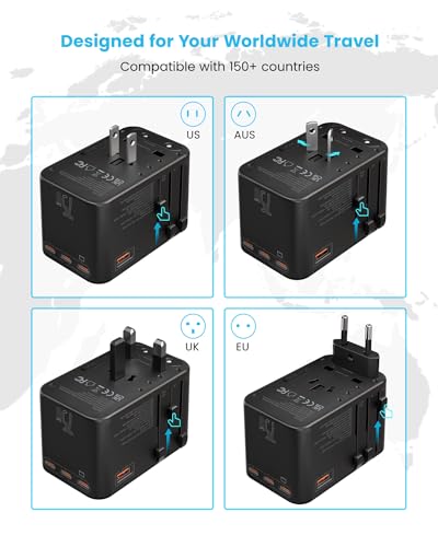 Image of Universal Travel Adapter, VINTAR 75W GaN International Power Adapter with 3 USB C PD and 2 USB A QC, All in One Travel Essentials for UK /EU /USA /AUS, Travel Adapter Worldwide for Laptops Phones, Black