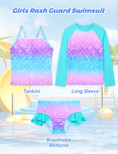 Image of Girls Rash Guard Swimsuit 3 Pieces Long Sleeve UPF50+ Quick Dry Bathing Suit for Toddler 3-12Y