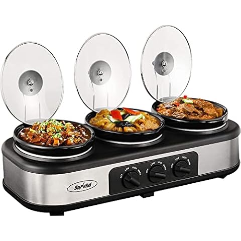 Sunvivi Slow Cooker, Triple Slow Cooker Buffet Server and Food Warmer, 3-Section 1.5-Quart Upgraded Oval Ceramic Pot with Stainless Steel Lid Rests, 3 Spoons, Total 4.5 QT Cover