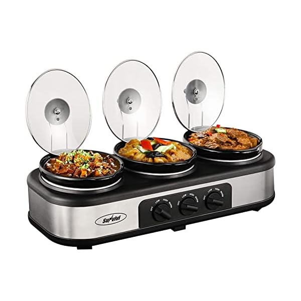 Sunvivi Slow Cooker,Triple Slow Cooker Buffet Server 3 Pot Food Warmer,3-Section 1.5-Quart Upgraded Oval Ceramic Pot Buffet Food Warmer Adjustable Temp Lid Rests Stainless Steel,Total 4.5 QT