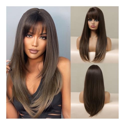 Peruki do włosów Natural Layered Hair Wigs Brown Heat Resistant Fibers Straight Synthetic with Bangs for Women Daily Cosplay Party