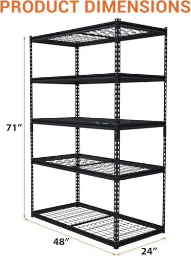 5-Tier Garage Shelving Unit, 2500 Lbs Capacity Adjustable Metal Storage Shelves, Heavy Duty Shelving Unit for Garage, Industrial Utility Shelf Storage Rack, 48x24x72 Inch - 1