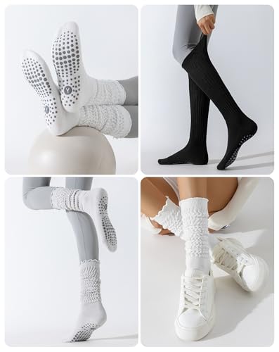 Image of Yawlsow Pilates Socks with Grips for Women Yoga Ruffle Grippy Non Slip Long Slouchy Scrunch Socks for Barre Workout Hospital