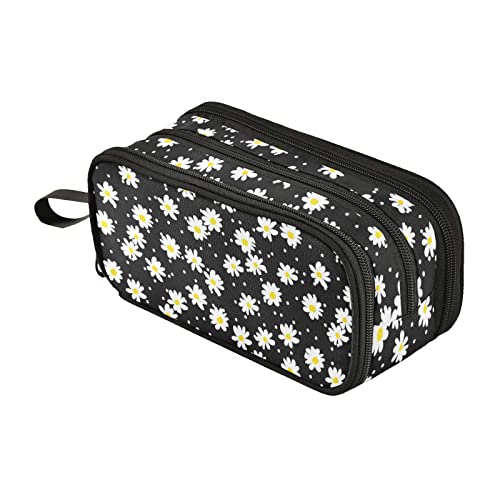 Image of Fustylead Little Daisy Pencil Pen Case 3 Compartments, Lightweight & Spacious Pencil Pouch Zipper Stationery Bag for Teen Boys Girls School Students