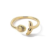 Mermaid Collection Gold Plated Sterling Silver Adjustable Ring, Whale Tail and Seashell Design, Statement Fashion Jewelry (Gold)