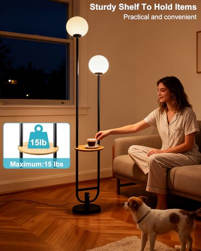 Image of 63IN 2-Globe Floor Lamp Dimmable Tall Standing Lamps with Table 3000K Warm White Unique Vintage Modern Mid Century Floor Lamp with 5Lbs Heavy Base for Living Room-Black