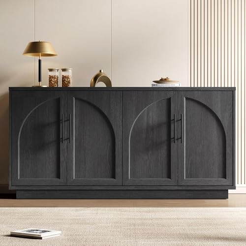 Fatmok Buffet Cabinet with Storage, 59'' Modern Arched Sideboard Cabinet w/Adjustable Shelves, Wood Media TV Console Table Credenza for Living Room Hallway Entryway, Black Grey