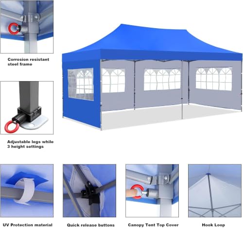 Image of 10x20ft / 3x6m Pop up Outdoor Canopy Tent | Portable Shade Instant Folding Gazebo Tent | Heavy Duty Gazebo Canopy Shelter 2 Mins Installation | 40Kgs (Classic Blue with with 3 Window Side Walls)