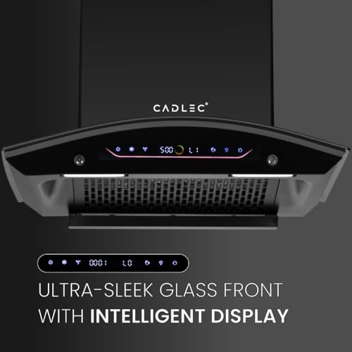 Image of Cadlec CurveFlow 60cm 1800m /hr BLDC Filterless Auto Clean Curved Glass Kitchen Chimney | Built-in Oil Collector | Touch & Gesture Control | Turbo Mode | 20Y Motor & 5Y Comprehensive Warranty | Black