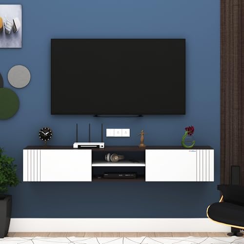 Image of Anikaa Nimbus Wall Mount TV Unit Cabinet | Modern Entertainment Center with Storage, Drawers, Shelves & Soft-Close Doors | Stylish Floating TV Stand for Up to 50 inch TVs - Wenge /White (DIY Installation)