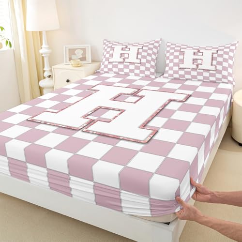 Image of Erosebridal Pink Initial H Bed Sheets Twin Kawaii Plaid Checkered Sheet Set Cute Personalized Monogram Bedding Set for Kids Girls Teen Women,Fashion Grids Gingham Fitted Flat Sheets 3 Piece