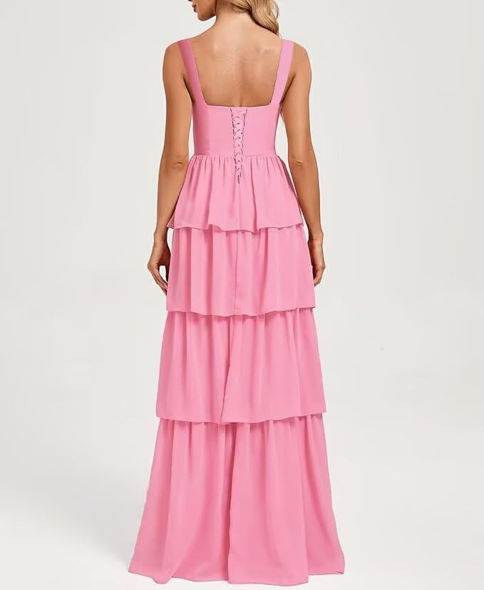 Square Neck Spaghetti Strap Tiered Bridesmaid Dresse Long for Women Sleeveless Formal Dresses with Slit DI2462