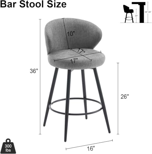 Image of 360 Swivel Modern Bar Stool Set of 3, 26 inch Upholstered Counter Height Bar Stools with Wingback, Soft Linen Fabric, Counter Chairs with Arm for Kitchen Island or Home Bar, Grey