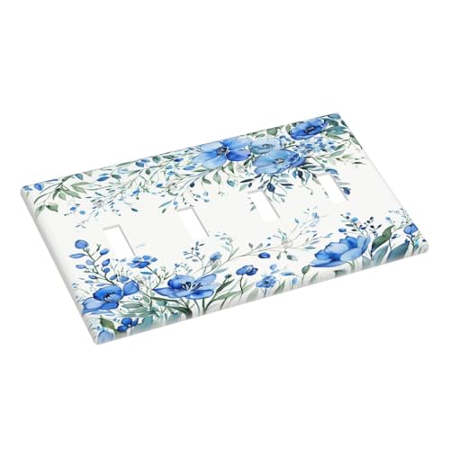 Placa de interruptor de 4 bandas con diseño de flores de acuarela azul 4