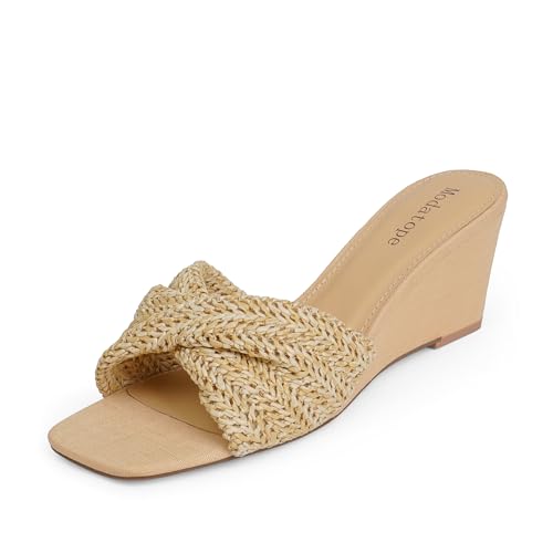 Modatope Beige Wedge Sandals for Women Braided Slip on Wedge