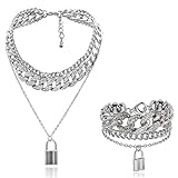 N/Q Layered Hip Hop Chunky Cuban Link Chain Rhinestone Beads Lock Pendant Necklace Bracelet for Women Girl Men Boy Shiny Crystal Bling Punk Cool Unisex Jewelry Set Nightclub Bar Accessory-B Silver