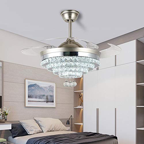 Fandian 42" Crystal Ceiling Fans With Lights Retractable Blades Led Chandelier Remote Control 3 Color Changes 3 Speeds Chrome Ceiling Fixture, Silent Motor With Led Kits Included #TOP3