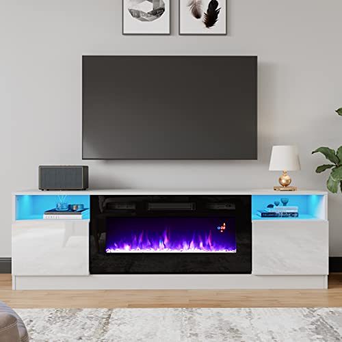 Image of AMERLIFE TV Stand with Fireplace, LED Light Entertainment Center with 36 inch Electric Fireplace, 70 inch Modern Wood Entertainment Stand with Highlight Storage Cabinet for TVs up to 80 inch, White & Black