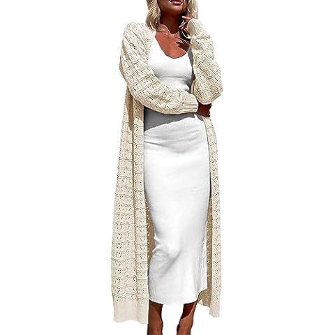 ZoeAce Womens Crochet Maxi Cardigan Sweaters Open Front Knit Long Sleeve Lightweight Duster Cardigan Casual Winter Outfits Off-White Cover
