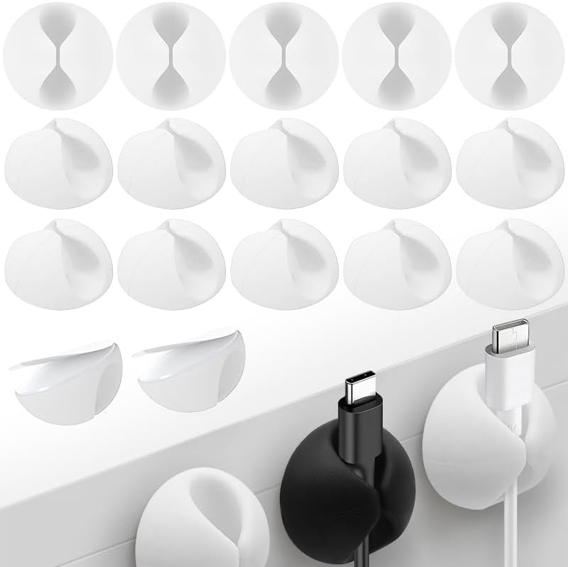 Paquete de 24 clips redondos organizadores de cables, soportes adhesivos y gestión de cables para escritorio, cocina y automóvil, solución compacta