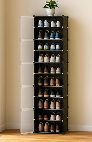 Image of Zemic Plastic Shoe Rack for Home | ๐-๐๐จ๐จ๐ซ ๐๐-๐๐ก๐๐ฅ๐ Portable Shoe Organizer with Doors for Heels, Boots, Slippers & Chappals Sandals Shoe Stand | DIY Multipurpose ๐๐ฅ๐๐๐ค Storage Rack