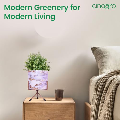 Image of CINAGRO Metal Flower Vase Planter Pot with Iron Stand, Pots for Plants, Plant Pots for Home Decoration, Succulent Pot, Indoor Planter Garden Decor Style: Marble Mirage White