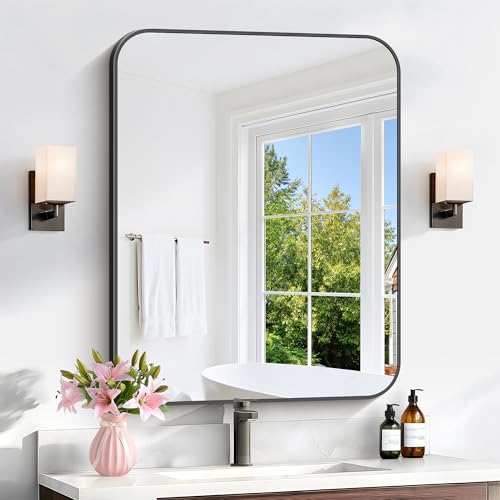 Image of Bathroom Mirror, 30 x 24 inch Metal Framed Black Rectangle Mirror, Rounded Corner Rectangular Vanity Mirror, Wall Mounted Mirror for Modern Bedroom Living Room Hangs Horizontal or Vertical