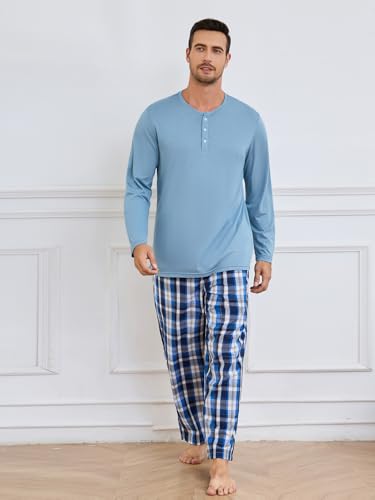 Vulcanodon Mens Pajama Set Long Sleeve, Pajamas Made from Bamboo Pulp Viscose and Cotton Lightweight PJS for Men(Grey Blue+Royal Blue Plaid, L)2