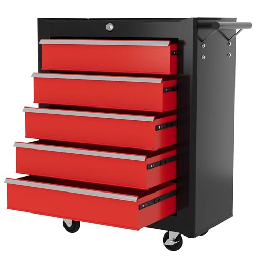HOMCOM Steel 5-Drawer Tool Storage Cabinet Lockable with Wheels Handle 2 Keys Garage Equipment Trolley Home Work DIY Workshop Chest Red