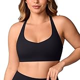 UNISSU Hugcurve Adjustable Cross Back Sports Bra for Women V Neck Twist Back Padded Yoga Workout Top Black Medium
