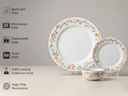 Image of Bodhi House Premium Porcelain Dinner Set 18 Pieces Serving for 6 | Floral Vine Design | Microwave & Dishwasher Safe | Crockery Set | Dinnerware Set for Home, Dining, Kitchen & Gifting