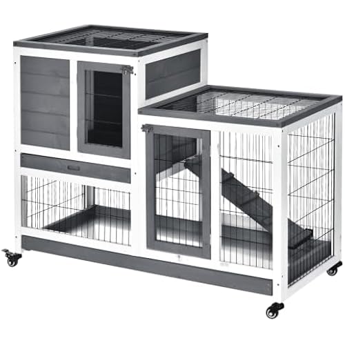PawHut Wooden Rabbit Hutch Elevated Bunny Cage Indoor Small Animal Habitat with Enclosed Run with Wheels, Ramp, Removable Tray Ideal for Guinea Pigs, Grey