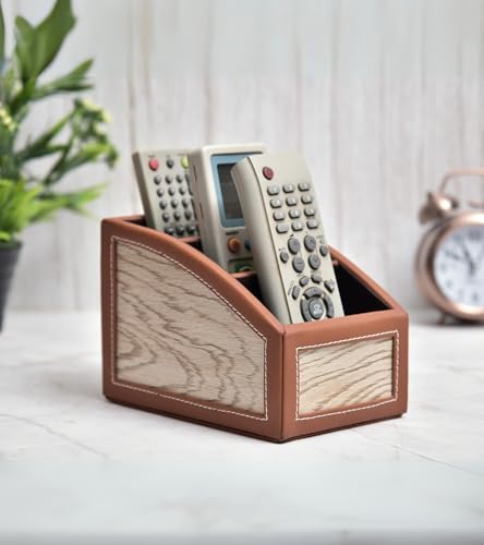 Image of Premsons Classic Remote Holder - 3 Section Tabletop Organizer in Light Brown | Faux Leather with Refined Wooden Finish | Decorative & Practical Organizer - Orange