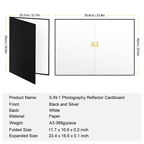Meking 3 In 1 Photography Reflector Cardboard, 17 X 12 Inches Folding Light Diffuser Board For Still Life, Product And Food Photo Shooting - Black, Silver And White, 2 Packs #TOP6