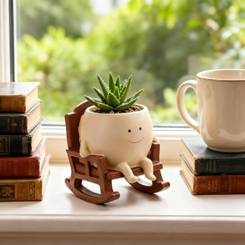 4 Inch Smiley Face Rocking Chair Planter, Resin Succulent Pot with Drainage Hole, Cute Indoor Outdoor Garden Decor for Home, Fall Halloween Thanksgiving Christmas Birthday Gift for Plant Lovers