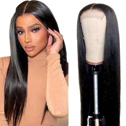 Creuost 4x1 HD Lace Frontal Human Hair Wig Straight 150% Density 1b Natural Black Brazilian Virgin Hair Pre Plucked Baby Hair No Tangle No Smell 32 Inch