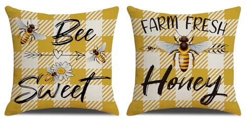TyCan Set of 2 Farmhouse Bee Decorative Throw Pillow Covers, Yellow Buffalo Plaid Bee Sweet Farm Fresh Honey Cushion Covers 18x18 Inches