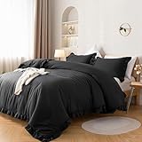 JANZAA Queen Comforter Set Black 3PCS (1 Ruffled Comforter and 2 Pillowcases) Shabby Chic Bedding Vintage Soft Fluffy Bed Set for All Season