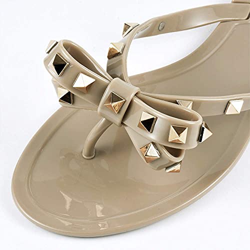 Image of TYFLOVE Women Rivet Flip Flops Studded Jelly Thong Sandals with Bow Summer Bowtie Flat Beach Rain Shoes