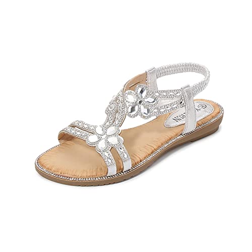 Womens Flat Sandals Elastic Ankle Strap Beaded Flowers Rhinestones Low Wedge Peep Toe Ladies Summer Beach Sandals (8,Silver)