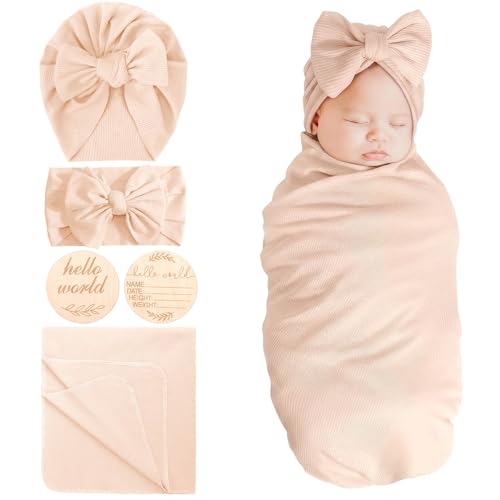 Image of DRESHOW BQUBO Baby Girl Newborn Receiving Blankets with Bow Hat Headband Wooden Birth Announcement Card Set Newborn Baby Swaddle Wrap Set Warm Shower Gift