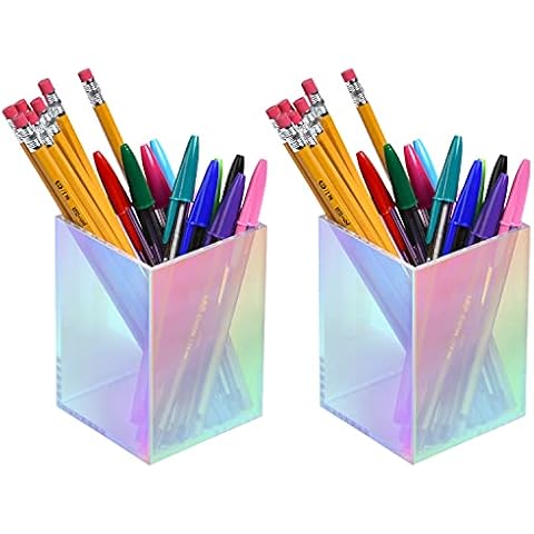 X-FLOAT Rainbow Iridescent Acrylic Pen Holder, Pencil Organizer for Desktop Storage (Set of 2) Cover