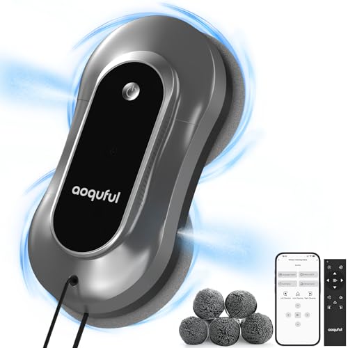 AOQUFUL Intelligent Window Cleaning Robot, Electric Glass Cleaner with Dual Water Spray, Automatic Window Vacuum with Remote Control and App, for Indoor and Outdoor Windows and Glass,12 Cloths, Gray