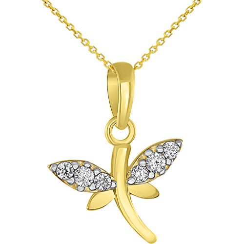 Jewelry America Solid 14K Yellow Gold Dainty Cubic Zirconia Studded Dragonfly Charm Pendant Necklace, 16" #TOP22